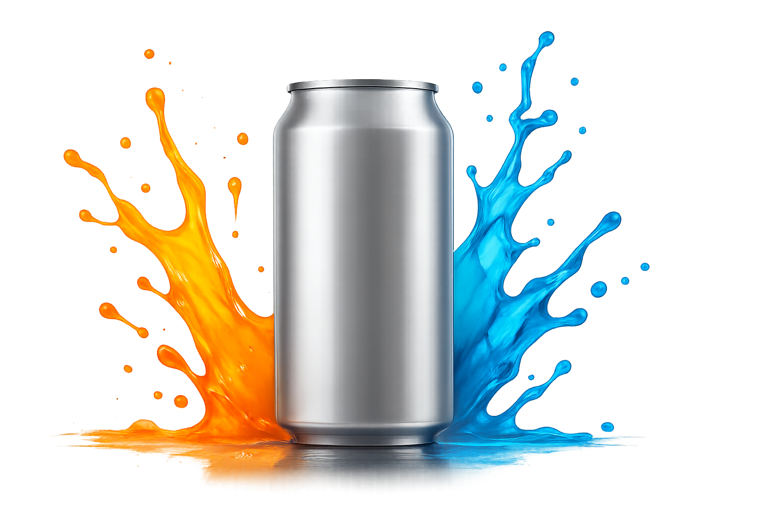 Silver can centered with orange and blue splashes behind it